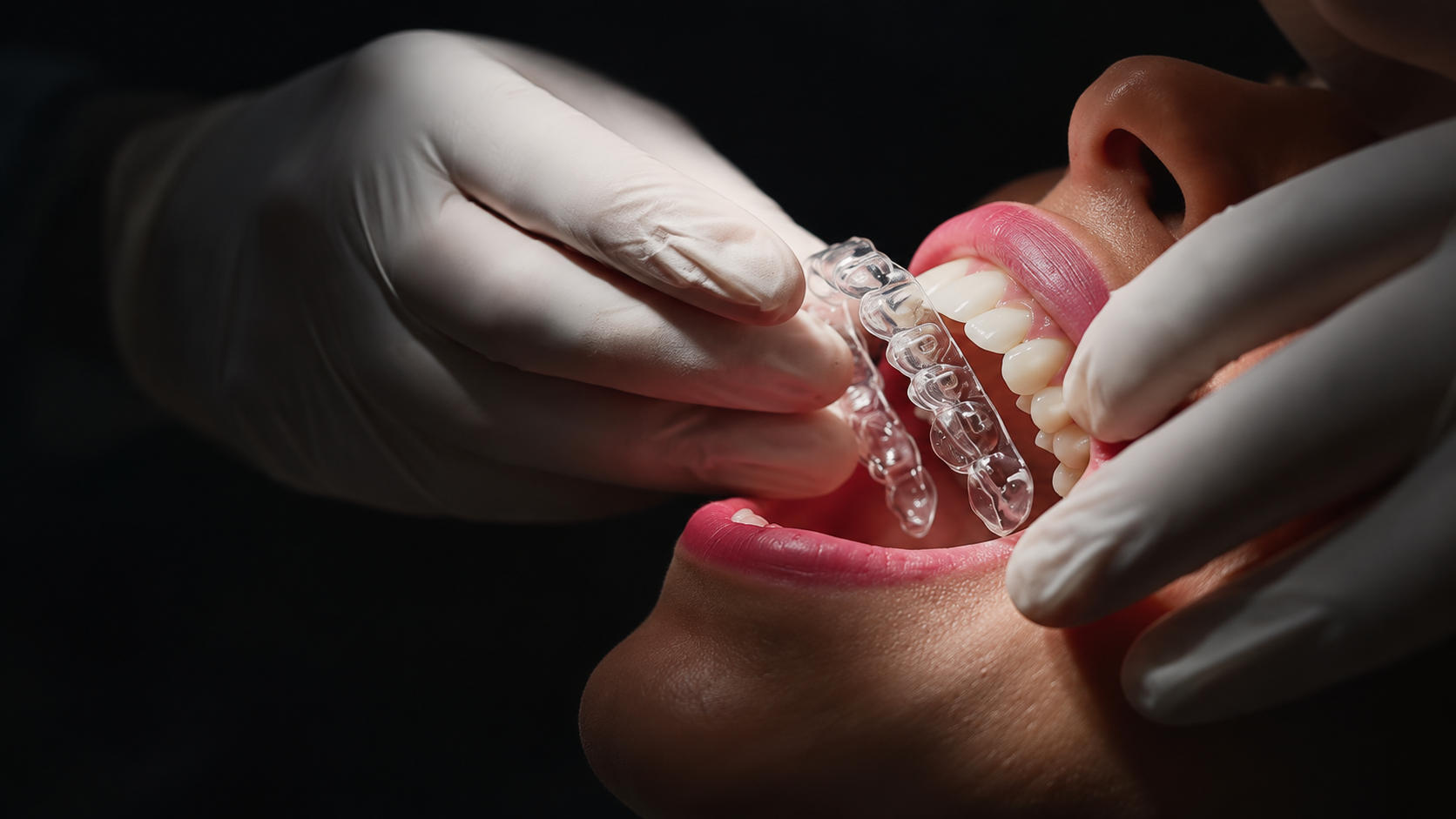 Pessoa colocando alinhador transparente nos dentes